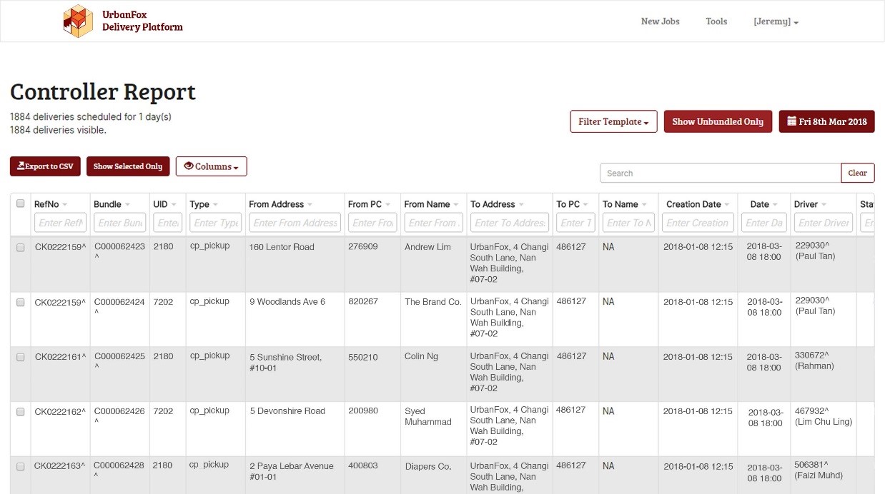 Screengrab of UrbanFox Delivery Platform